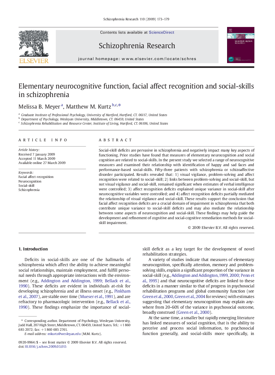 Elementary neurocognitive function, facial affect recognition and social-skills in schizophrenia