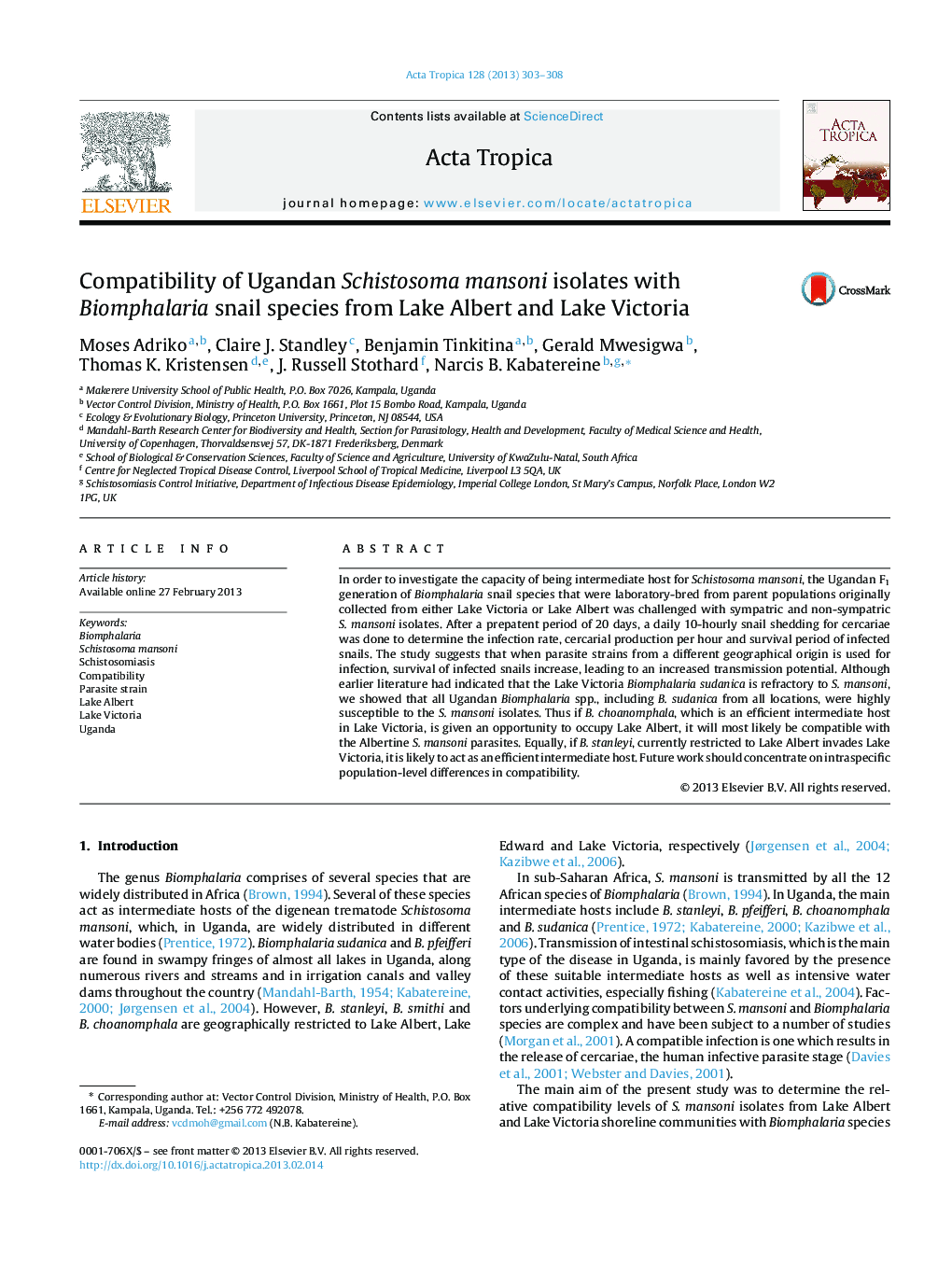 Compatibility of Ugandan Schistosoma mansoni isolates with Biomphalaria snail species from Lake Albert and Lake Victoria