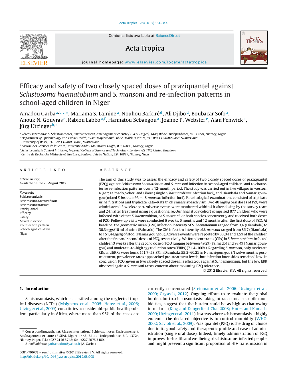 Efficacy and safety of two closely spaced doses of praziquantel against Schistosoma haematobium and S. mansoni and re-infection patterns in school-aged children in Niger