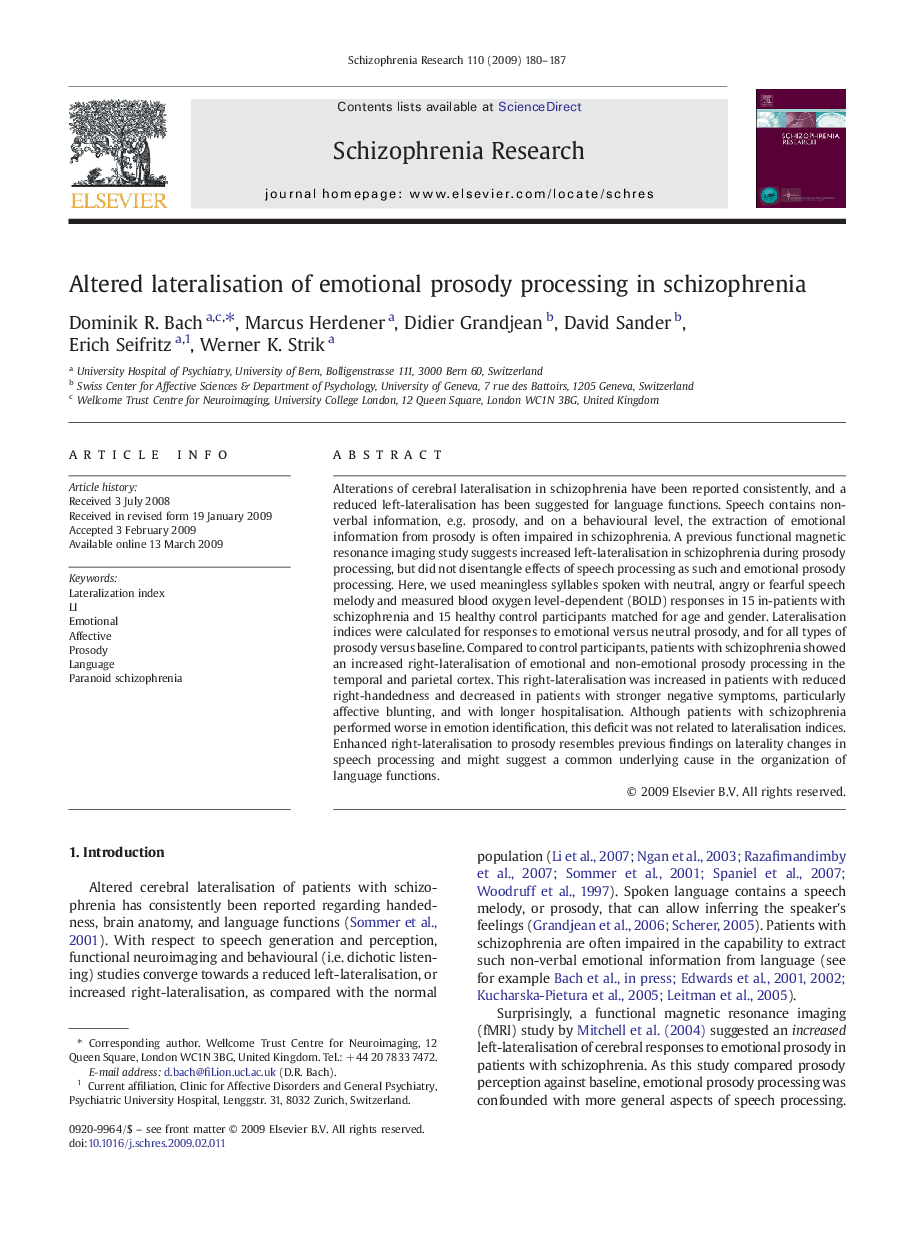 Altered lateralisation of emotional prosody processing in schizophrenia