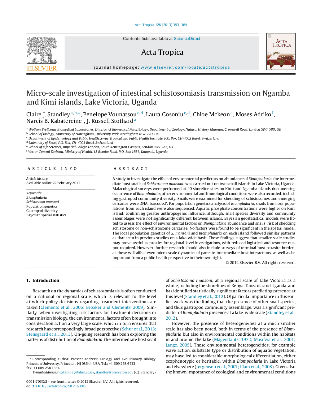 Micro-scale investigation of intestinal schistosomiasis transmission on Ngamba and Kimi islands, Lake Victoria, Uganda