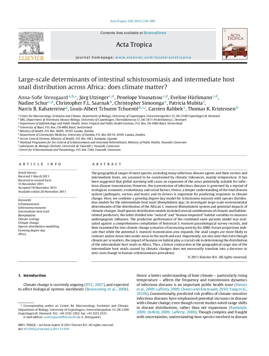 Large-scale determinants of intestinal schistosomiasis and intermediate host snail distribution across Africa: does climate matter?