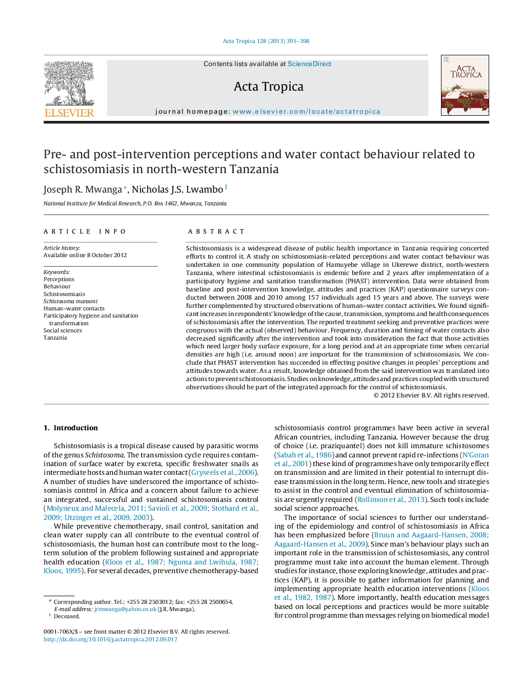 Pre- and post-intervention perceptions and water contact behaviour related to schistosomiasis in north-western Tanzania