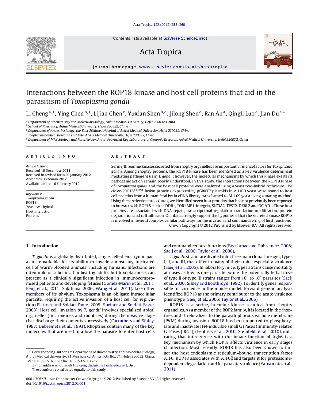 Interactions between the ROP18 kinase and host cell proteins that aid in the parasitism of Toxoplasma gondii