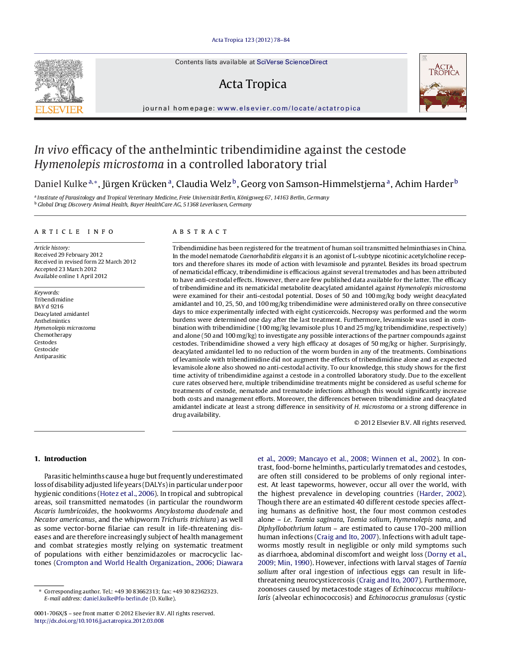 In vivo efficacy of the anthelmintic tribendimidine against the cestode Hymenolepis microstoma in a controlled laboratory trial