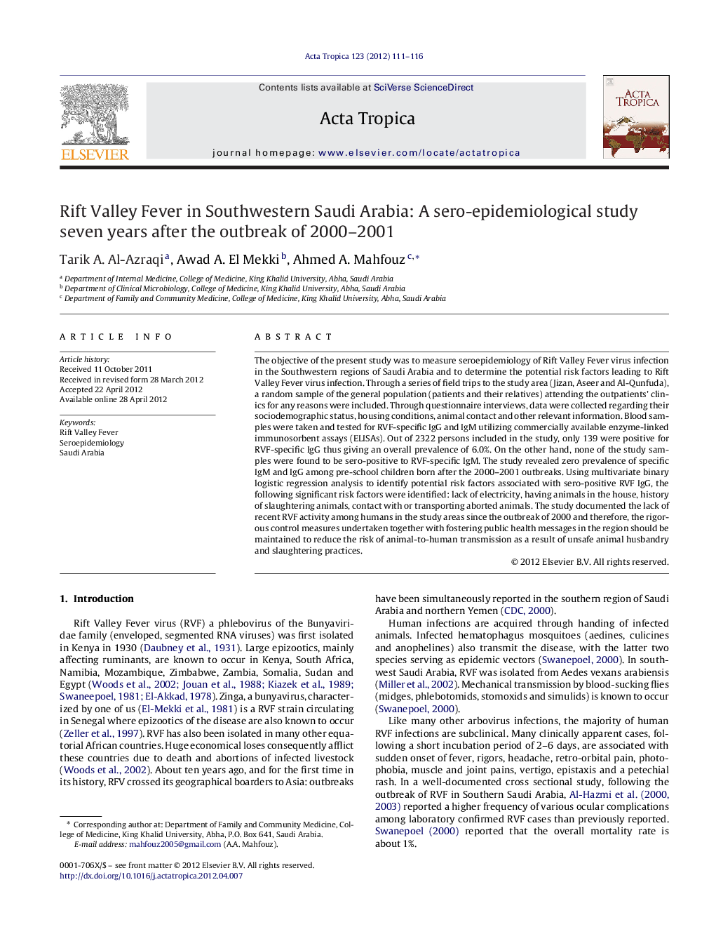 Rift Valley Fever in Southwestern Saudi Arabia: A sero-epidemiological study seven years after the outbreak of 2000–2001