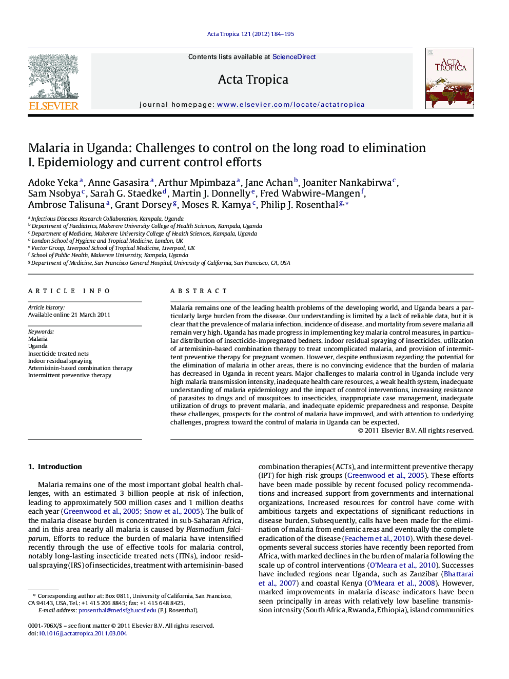 Malaria in Uganda: Challenges to control on the long road to elimination: I. Epidemiology and current control efforts