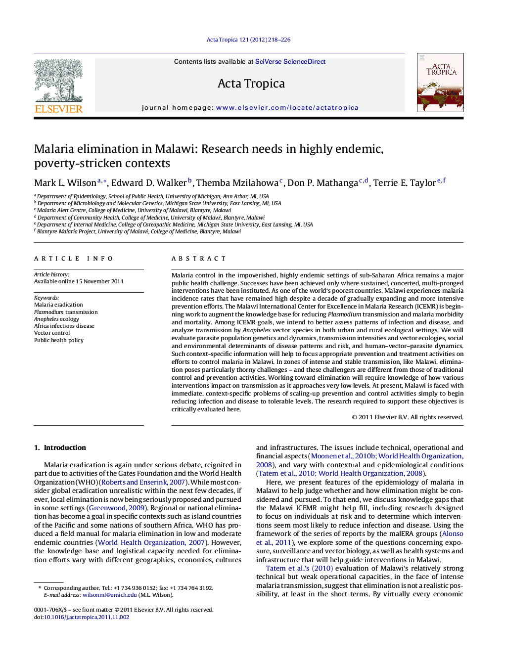 Malaria elimination in Malawi: Research needs in highly endemic, poverty-stricken contexts