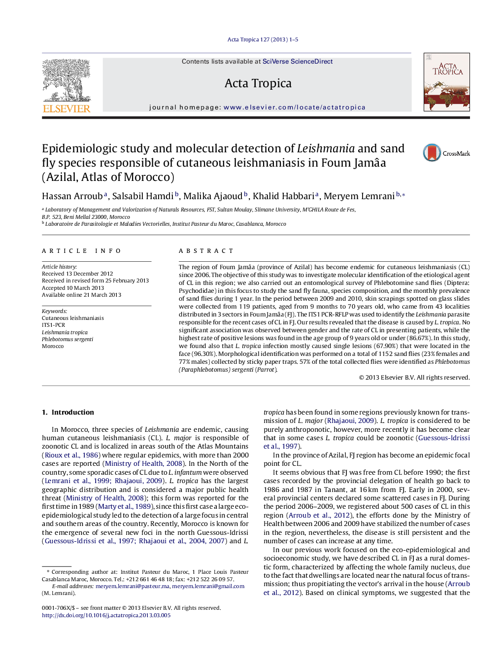 Epidemiologic study and molecular detection of Leishmania and sand fly species responsible of cutaneous leishmaniasis in Foum Jamâa (Azilal, Atlas of Morocco)