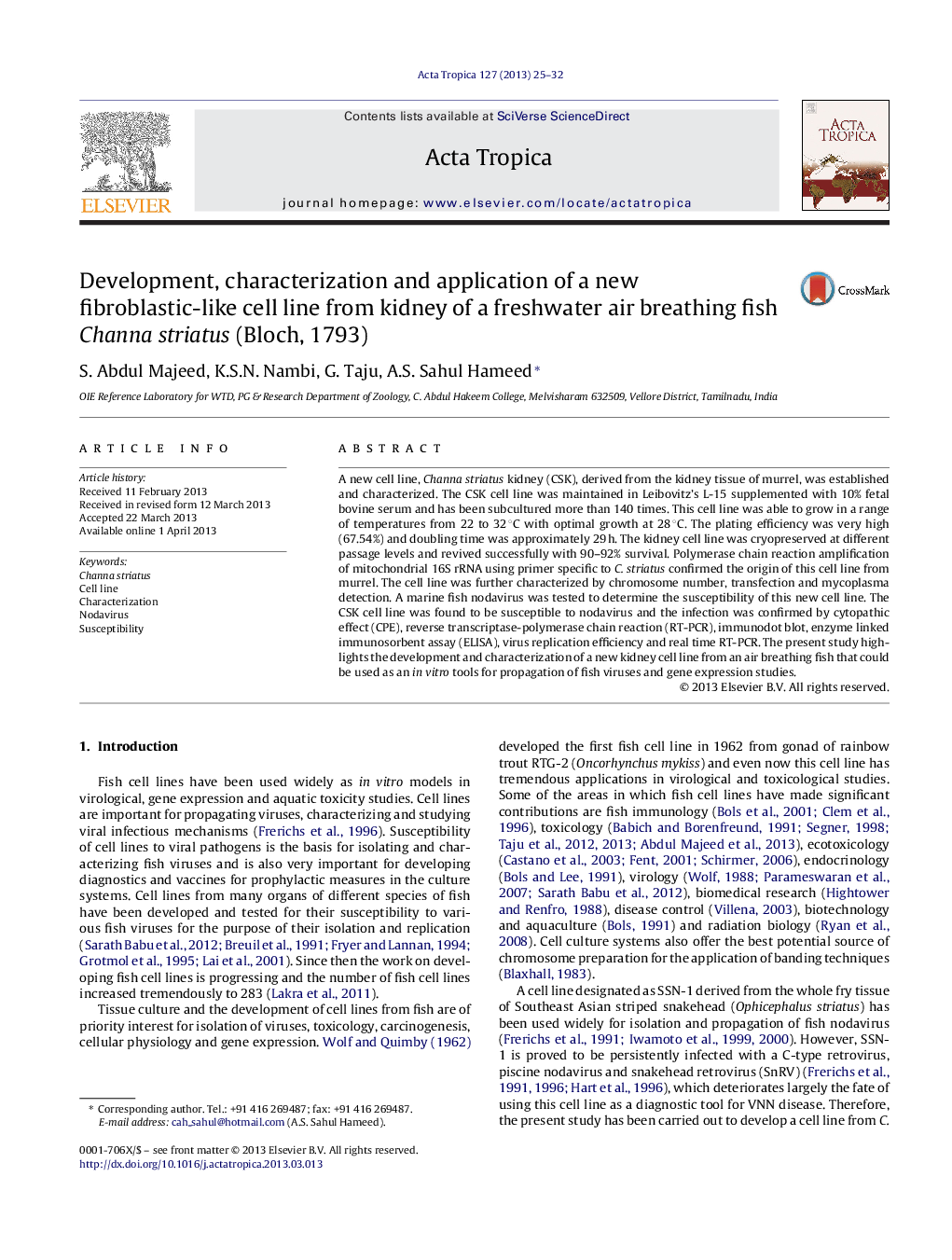 Development, characterization and application of a new fibroblastic-like cell line from kidney of a freshwater air breathing fish Channa striatus (Bloch, 1793)