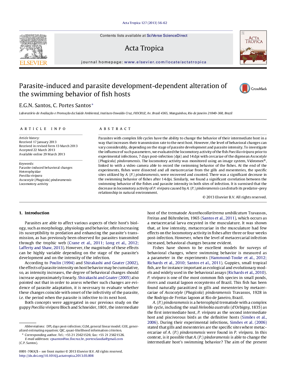 Parasite-induced and parasite development-dependent alteration of the swimming behavior of fish hosts