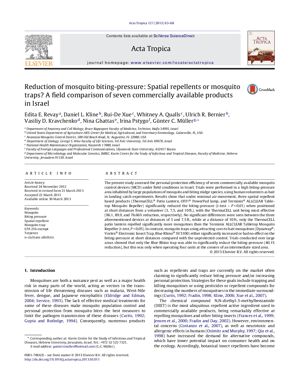 Reduction of mosquito biting-pressure: Spatial repellents or mosquito traps? A field comparison of seven commercially available products in Israel