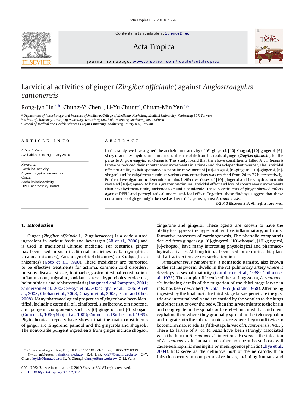 Larvicidal activities of ginger (Zingiber officinale) against Angiostrongylus cantonensis