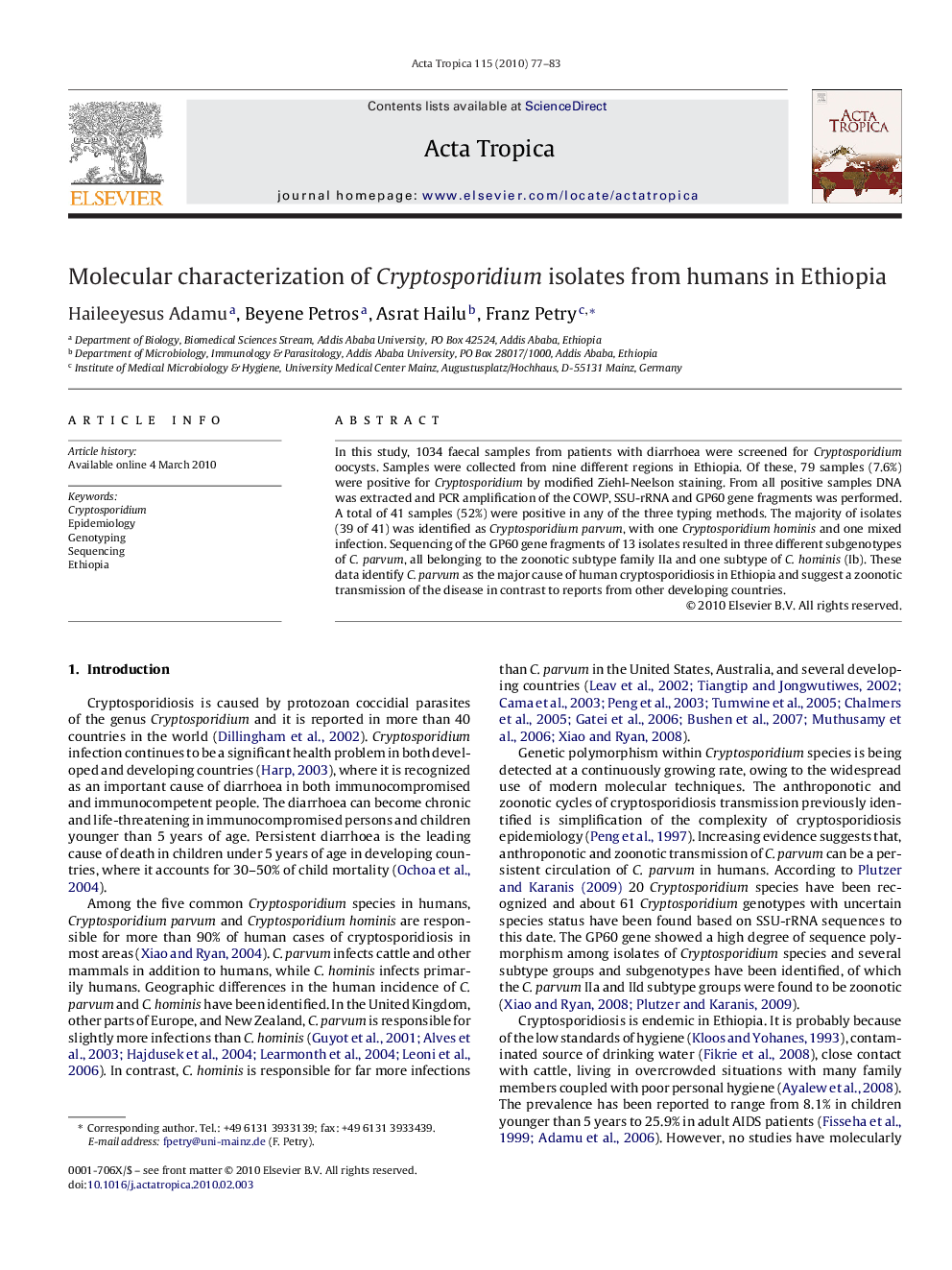 Molecular characterization of Cryptosporidium isolates from humans in Ethiopia