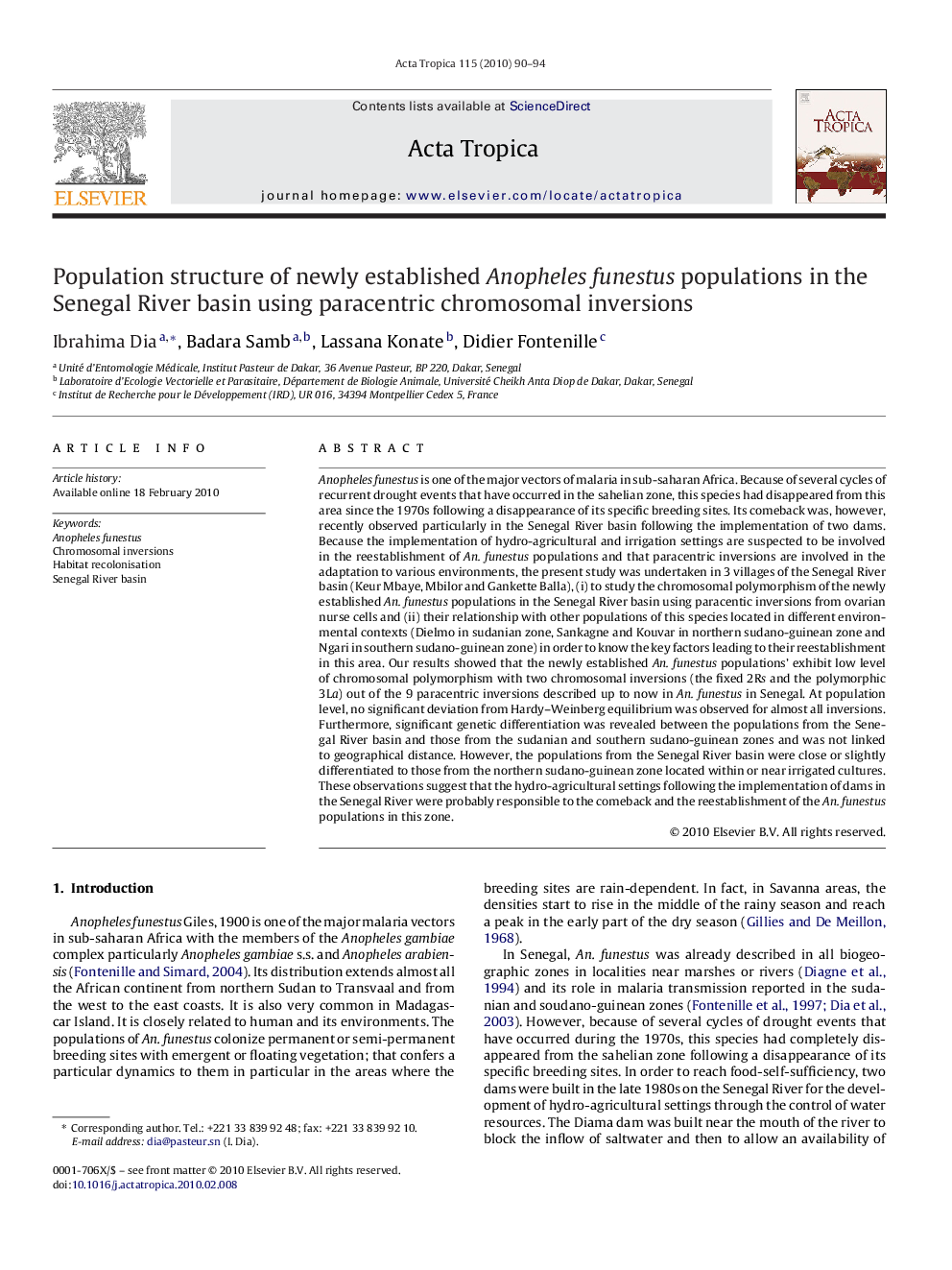 Population structure of newly established Anopheles funestus populations in the Senegal River basin using paracentric chromosomal inversions