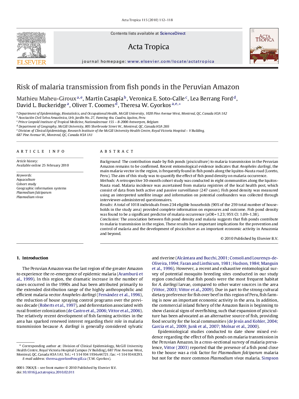 Risk of malaria transmission from fish ponds in the Peruvian Amazon