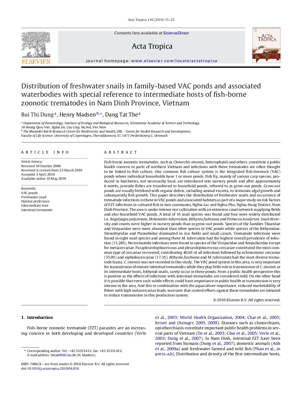 Distribution of freshwater snails in family-based VAC ponds and associated waterbodies with special reference to intermediate hosts of fish-borne zoonotic trematodes in Nam Dinh Province, Vietnam