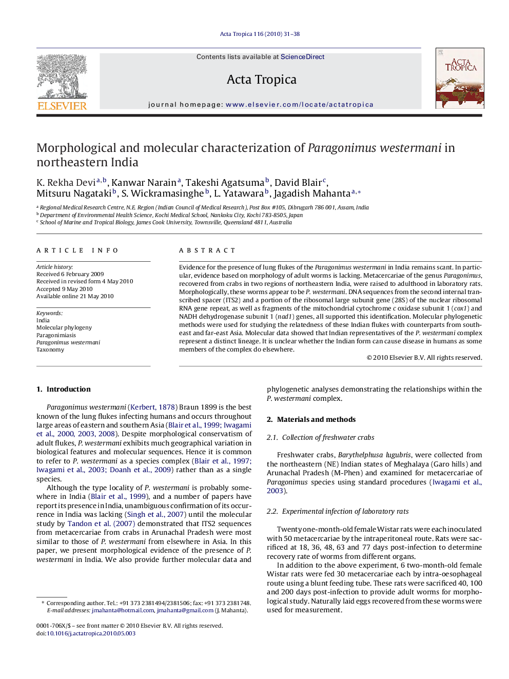 Morphological and molecular characterization of Paragonimus westermani in northeastern India