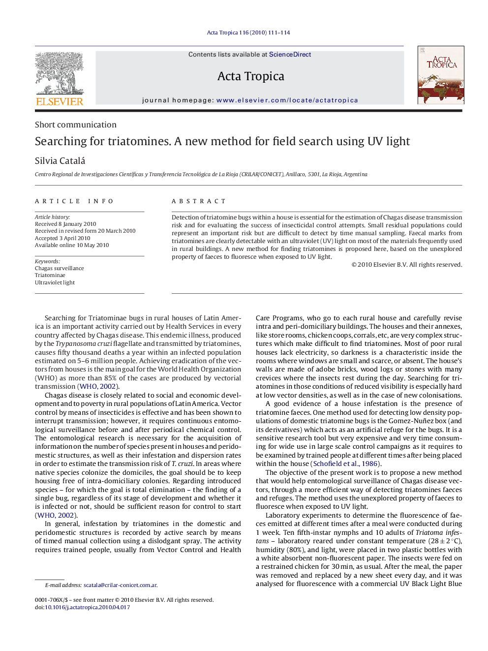 عکس صفحه اول مقاله: Searching for triatomines. A new method for field search using UV light Searching for triatomines. A new method for field search using UV light