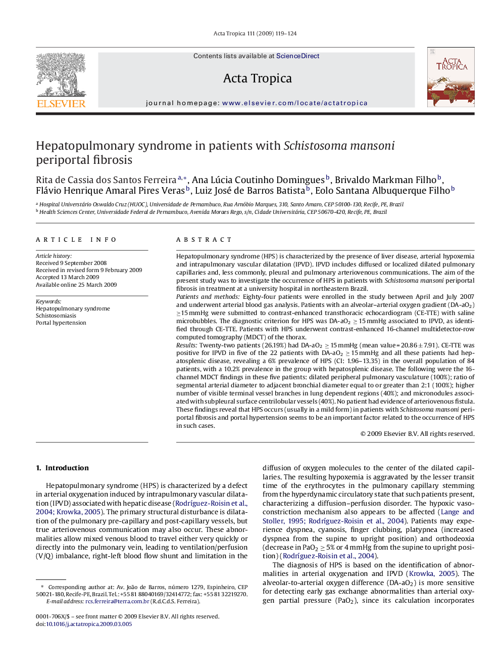 Hepatopulmonary syndrome in patients with Schistosoma mansoni periportal fibrosis