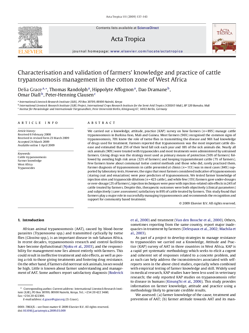 Characterisation and validation of farmers’ knowledge and practice of cattle trypanosomosis management in the cotton zone of West Africa