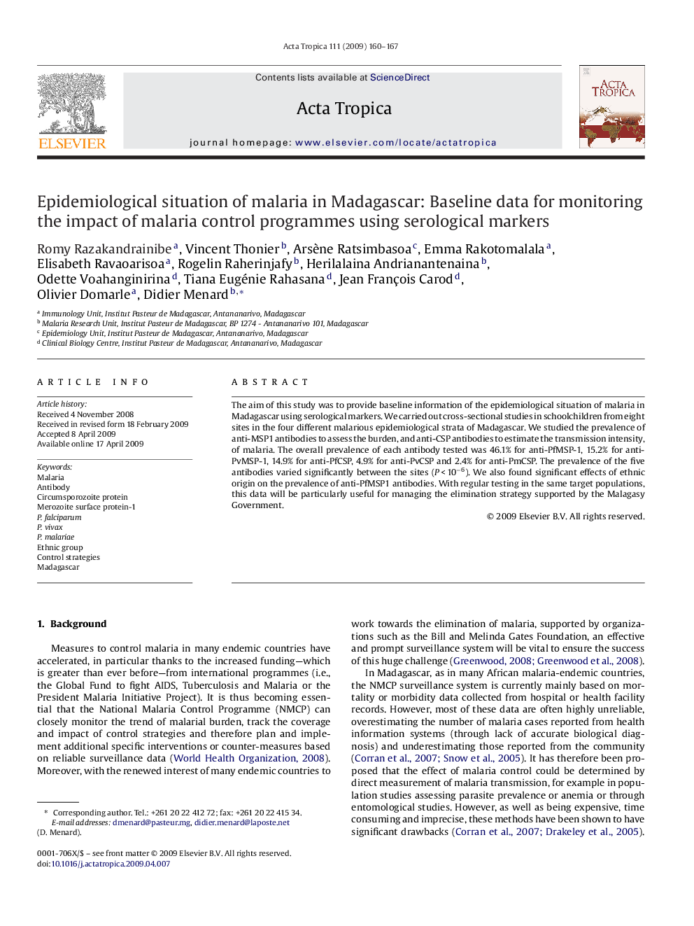 Epidemiological situation of malaria in Madagascar: Baseline data for monitoring the impact of malaria control programmes using serological markers