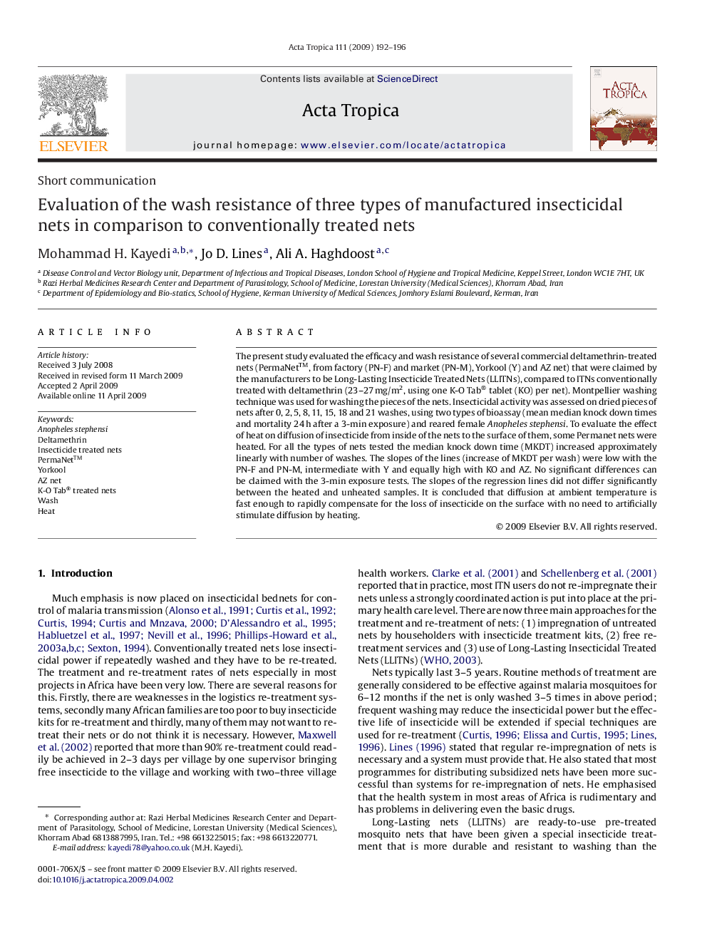 Evaluation of the wash resistance of three types of manufactured insecticidal nets in comparison to conventionally treated nets