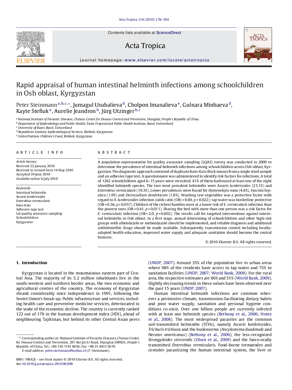 Rapid appraisal of human intestinal helminth infections among schoolchildren in Osh oblast, Kyrgyzstan