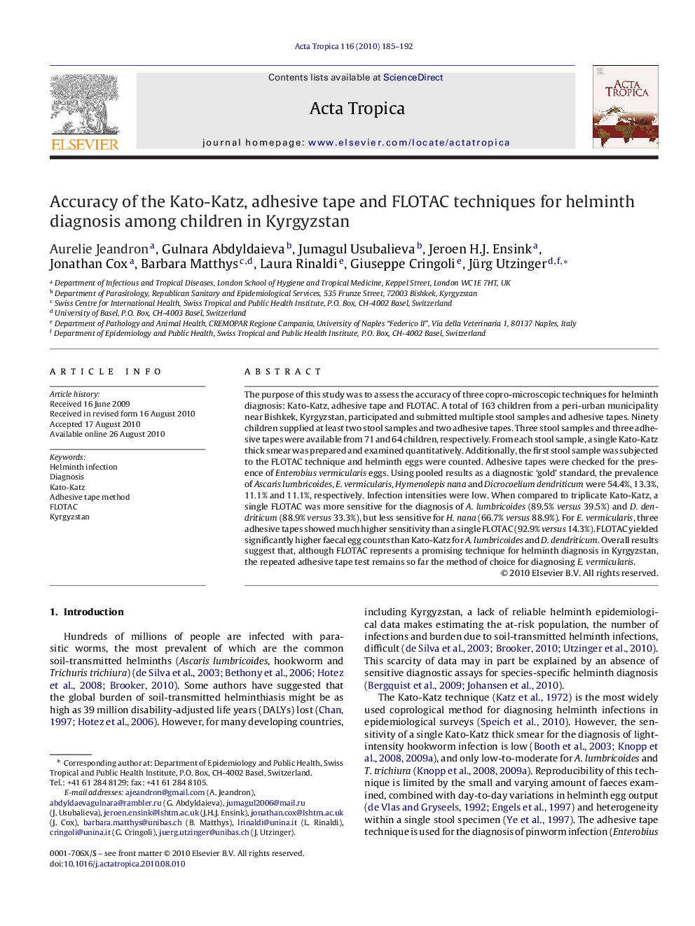 Accuracy of the Kato-Katz, adhesive tape and FLOTAC techniques for helminth diagnosis among children in Kyrgyzstan