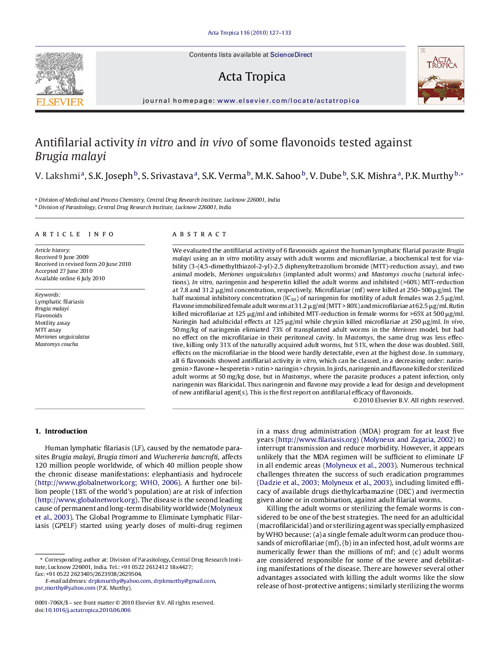 Antifilarial activity in vitro and in vivo of some flavonoids tested against Brugia malayi