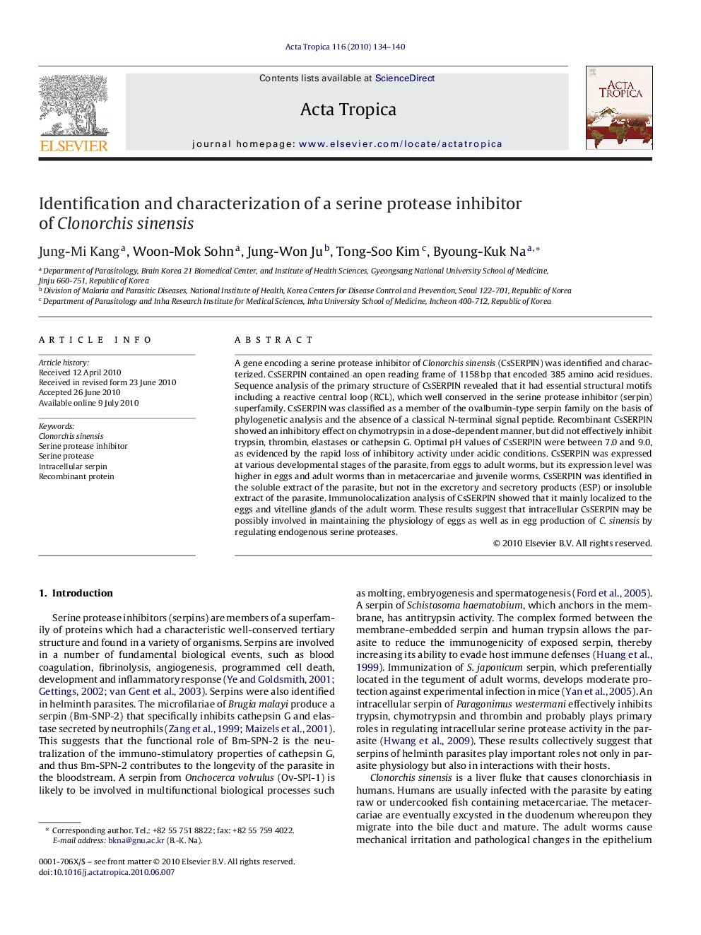 Identification and characterization of a serine protease inhibitor of Clonorchis sinensis