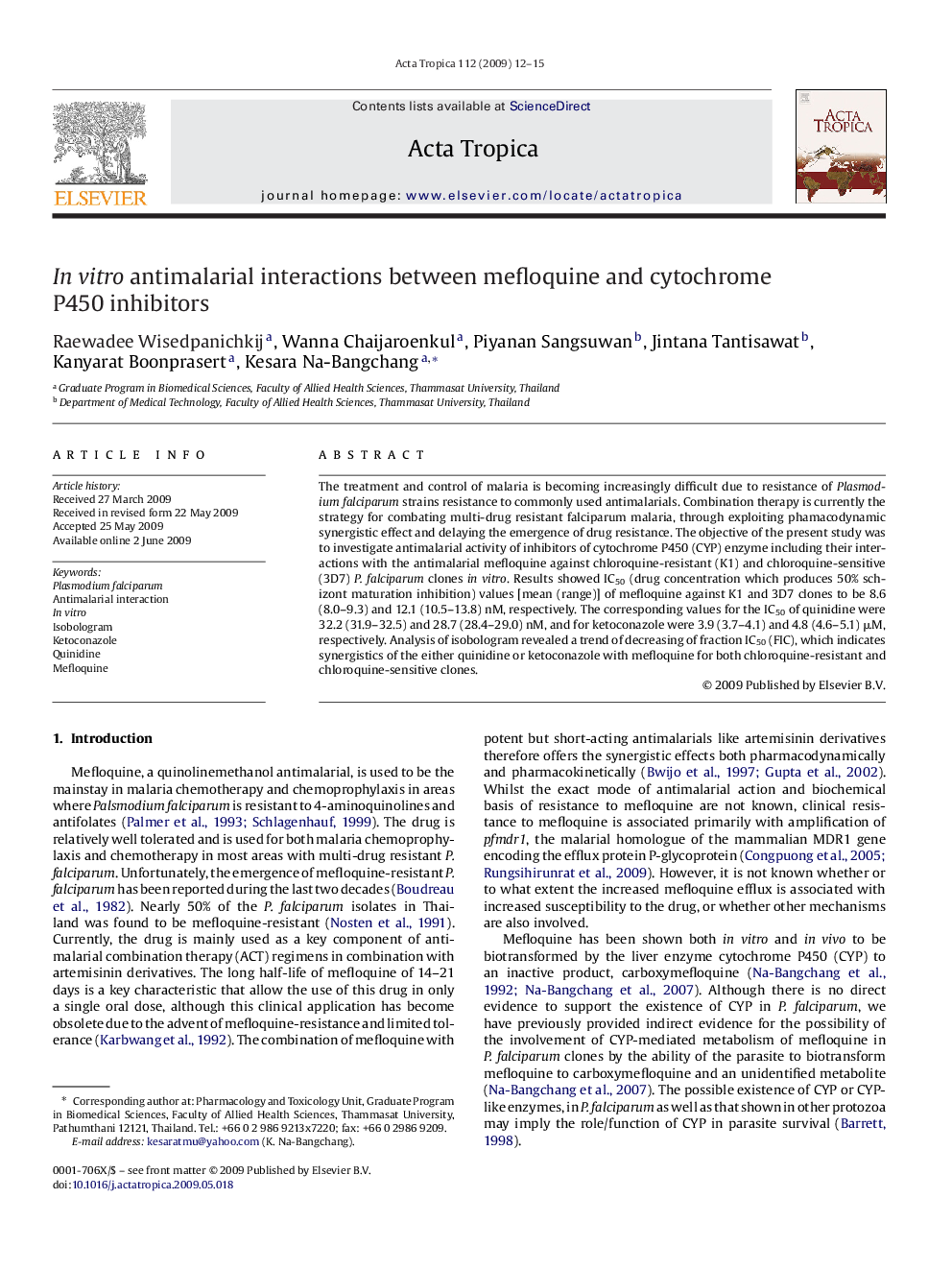 In vitro antimalarial interactions between mefloquine and cytochrome P450 inhibitors