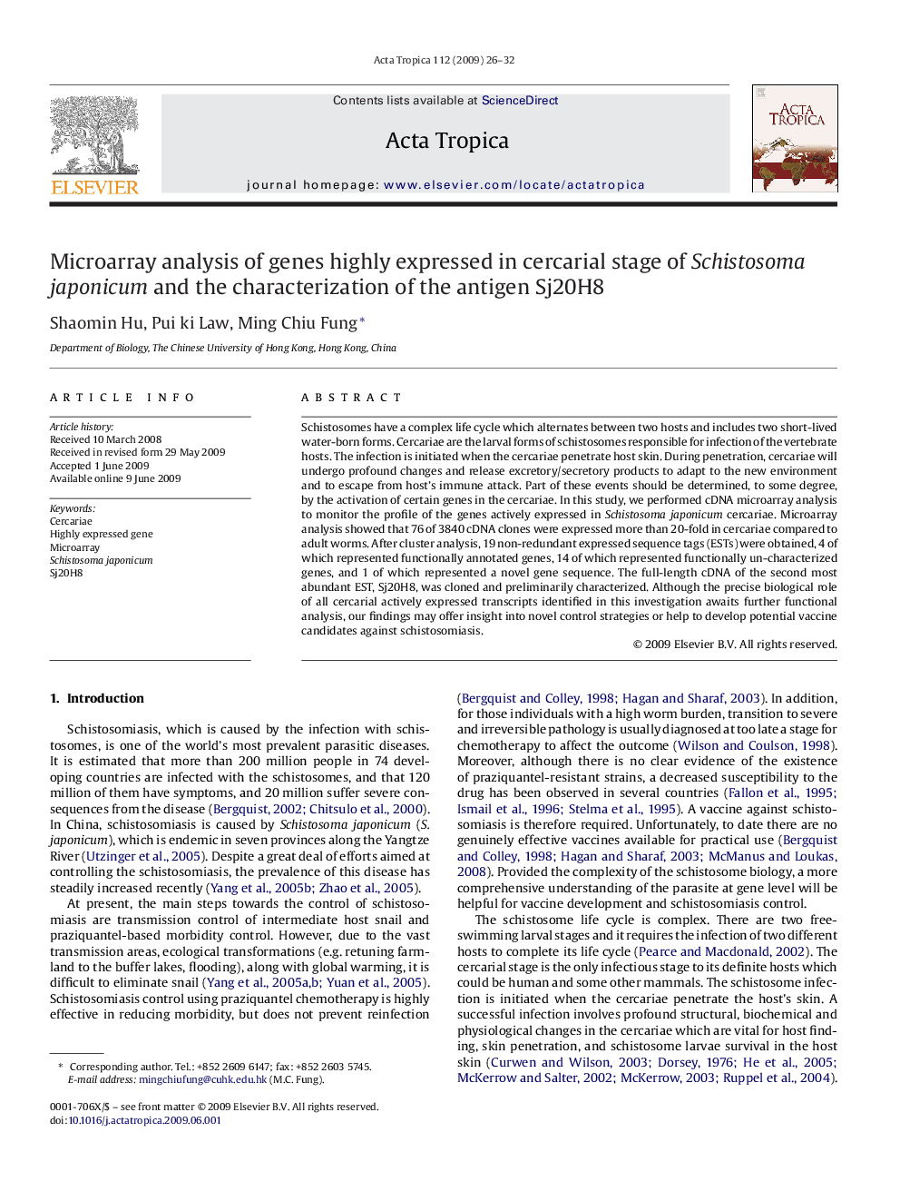 Microarray analysis of genes highly expressed in cercarial stage of Schistosoma japonicum and the characterization of the antigen Sj20H8