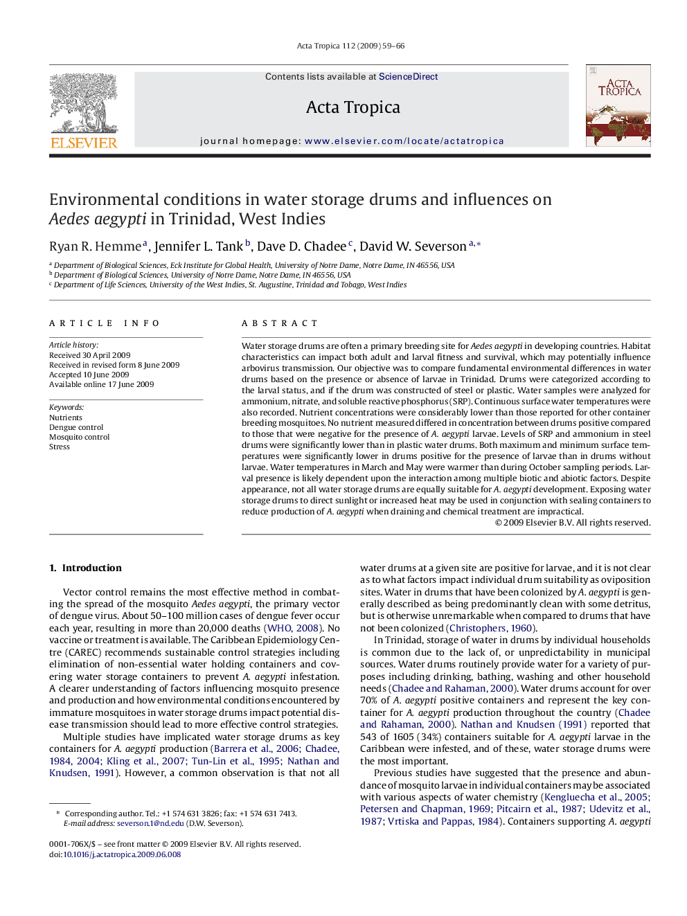 Environmental conditions in water storage drums and influences on Aedes aegypti in Trinidad, West Indies