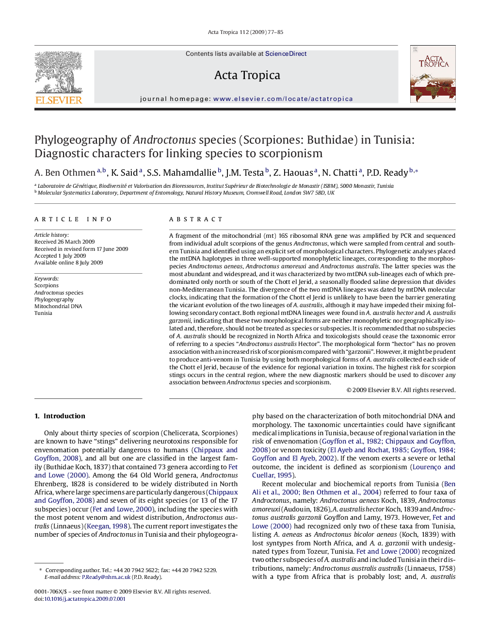 Phylogeography of Androctonus species (Scorpiones: Buthidae) in Tunisia: Diagnostic characters for linking species to scorpionism