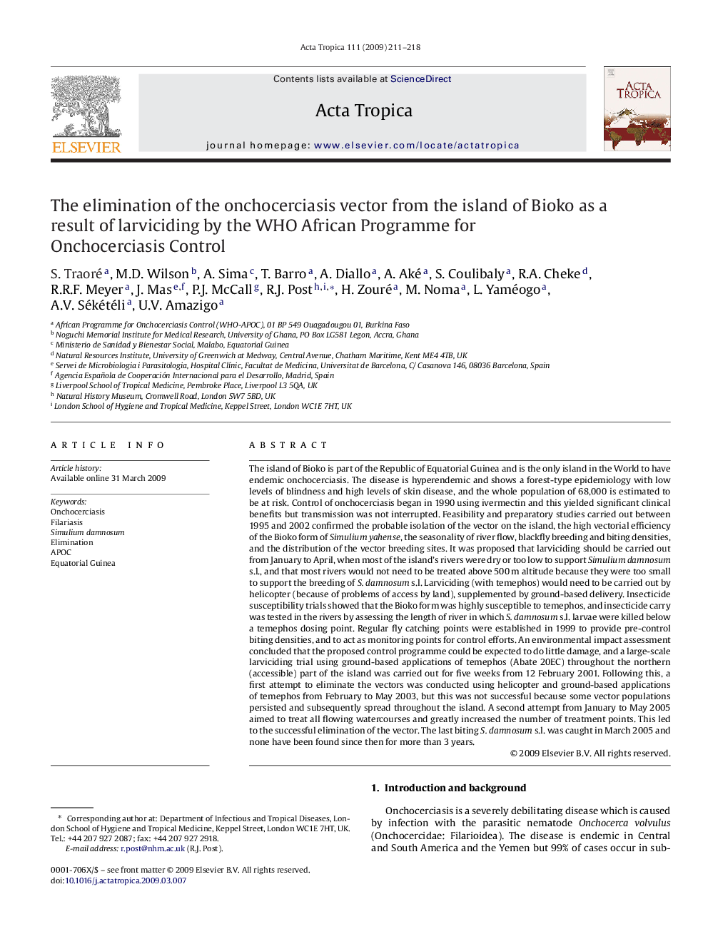 The elimination of the onchocerciasis vector from the island of Bioko as a result of larviciding by the WHO African Programme for Onchocerciasis Control