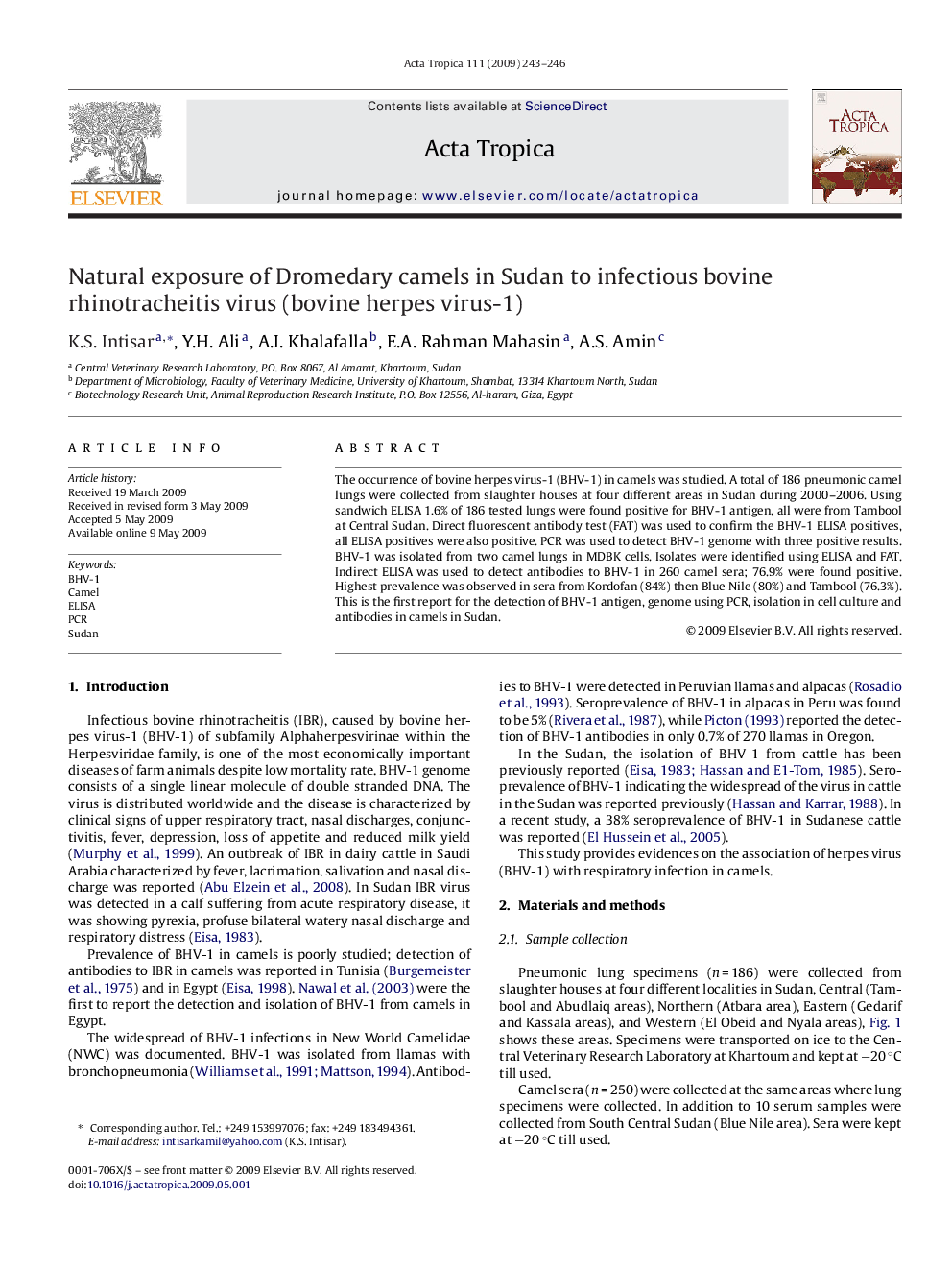 Natural exposure of Dromedary camels in Sudan to infectious bovine rhinotracheitis virus (bovine herpes virus-1)