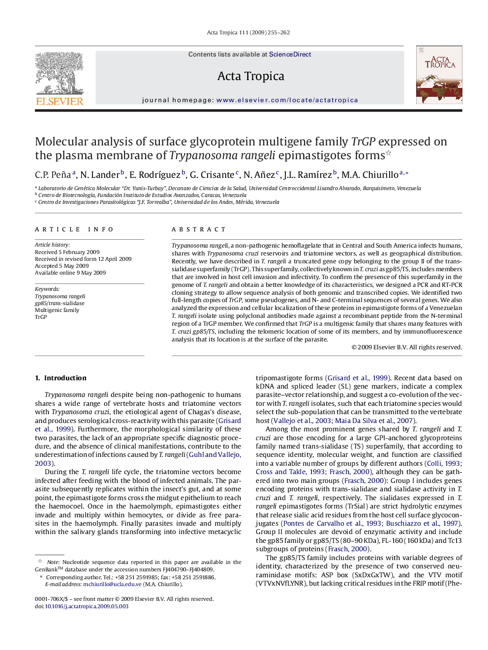 Molecular analysis of surface glycoprotein multigene family TrGP expressed on the plasma membrane of Trypanosoma rangeli epimastigotes forms 