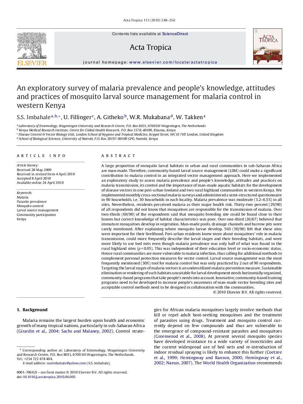 An exploratory survey of malaria prevalence and people's knowledge, attitudes and practices of mosquito larval source management for malaria control in western Kenya