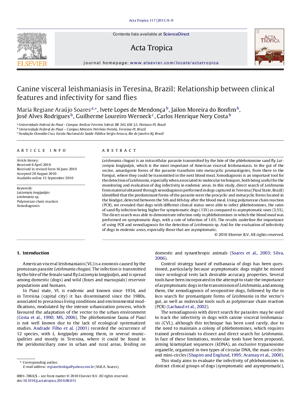 Canine visceral leishmaniasis in Teresina, Brazil: Relationship between clinical features and infectivity for sand flies