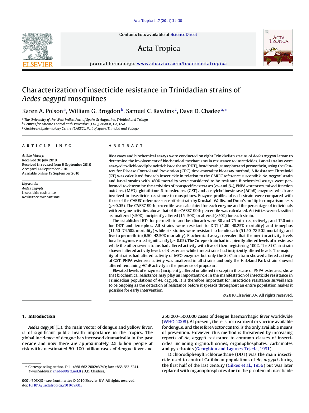 Characterization of insecticide resistance in Trinidadian strains of Aedes aegypti mosquitoes