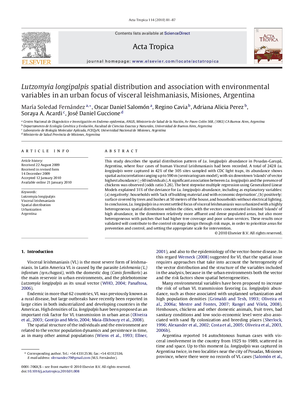 Lutzomyia longipalpis spatial distribution and association with environmental variables in an urban focus of visceral leishmaniasis, Misiones, Argentina