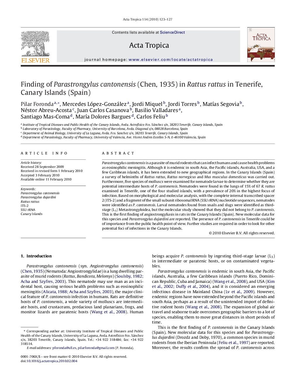 Finding of Parastrongylus cantonensis (Chen, 1935) in Rattus rattus in Tenerife, Canary Islands (Spain)