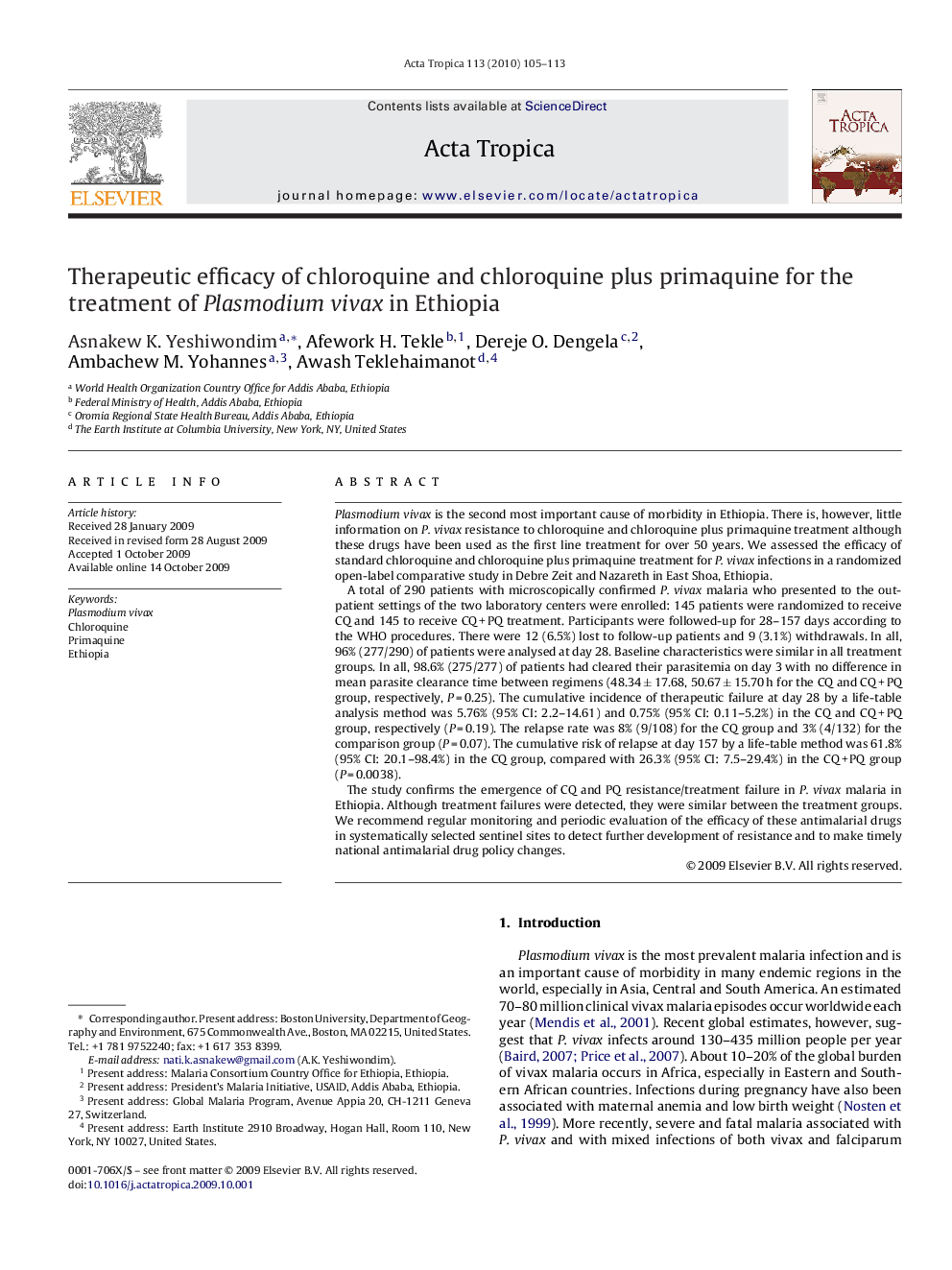 Therapeutic efficacy of chloroquine and chloroquine plus primaquine for the treatment of Plasmodium vivax in Ethiopia