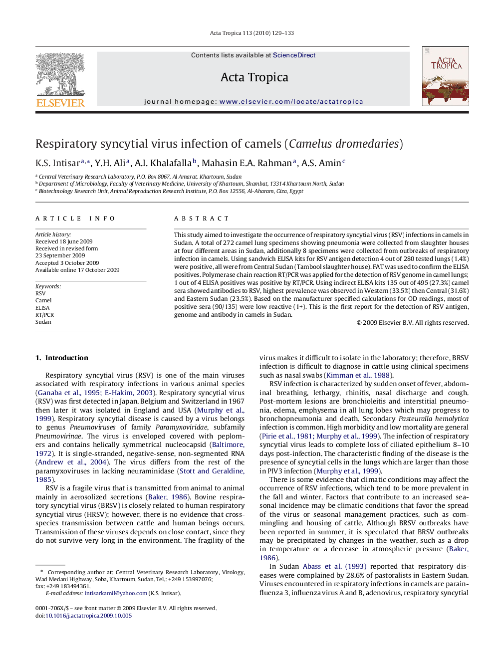 Respiratory syncytial virus infection of camels (Camelus dromedaries)