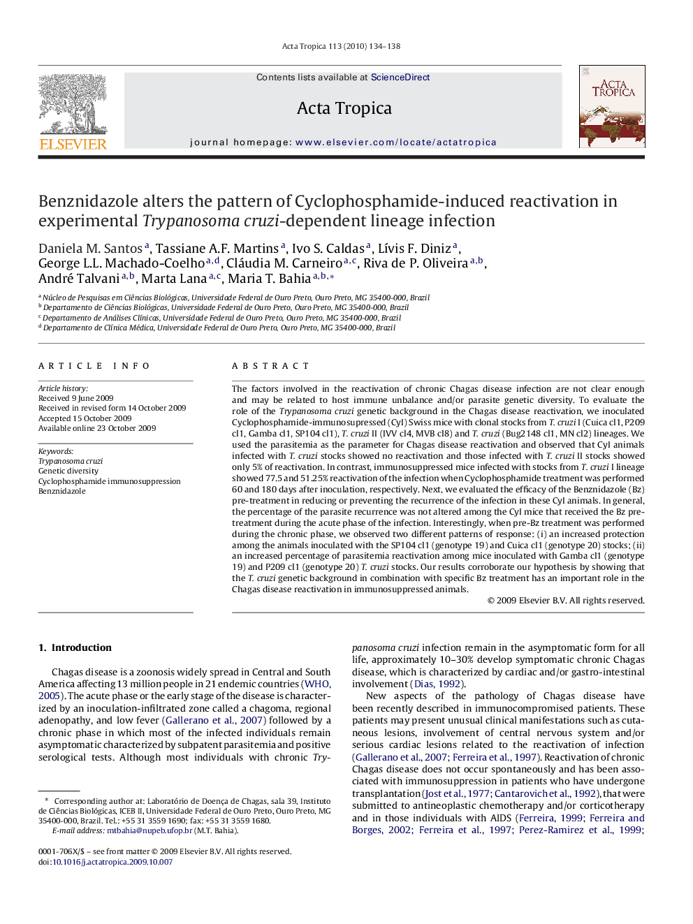 Benznidazole alters the pattern of Cyclophosphamide-induced reactivation in experimental Trypanosoma cruzi-dependent lineage infection