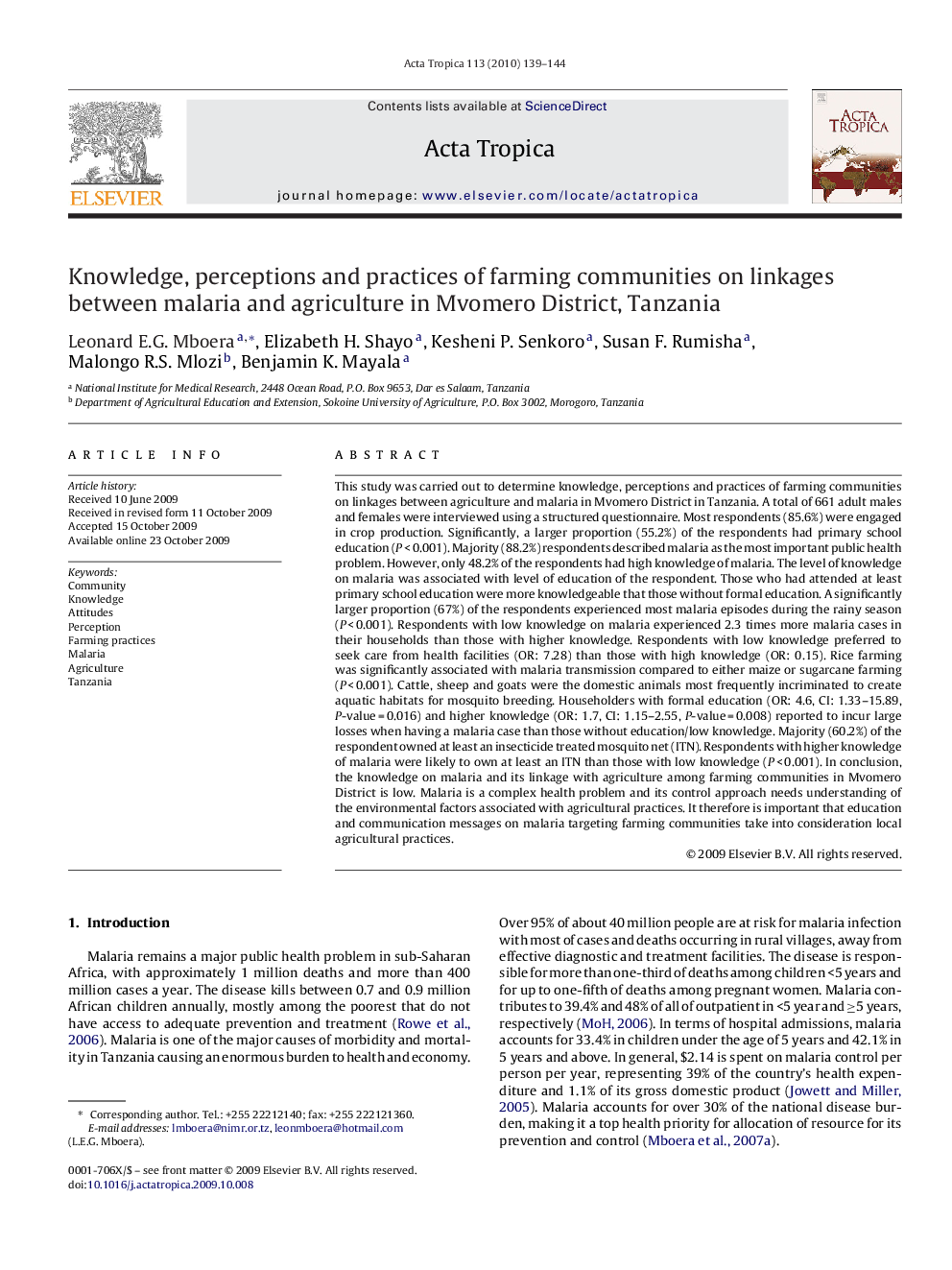 Knowledge, perceptions and practices of farming communities on linkages between malaria and agriculture in Mvomero District, Tanzania