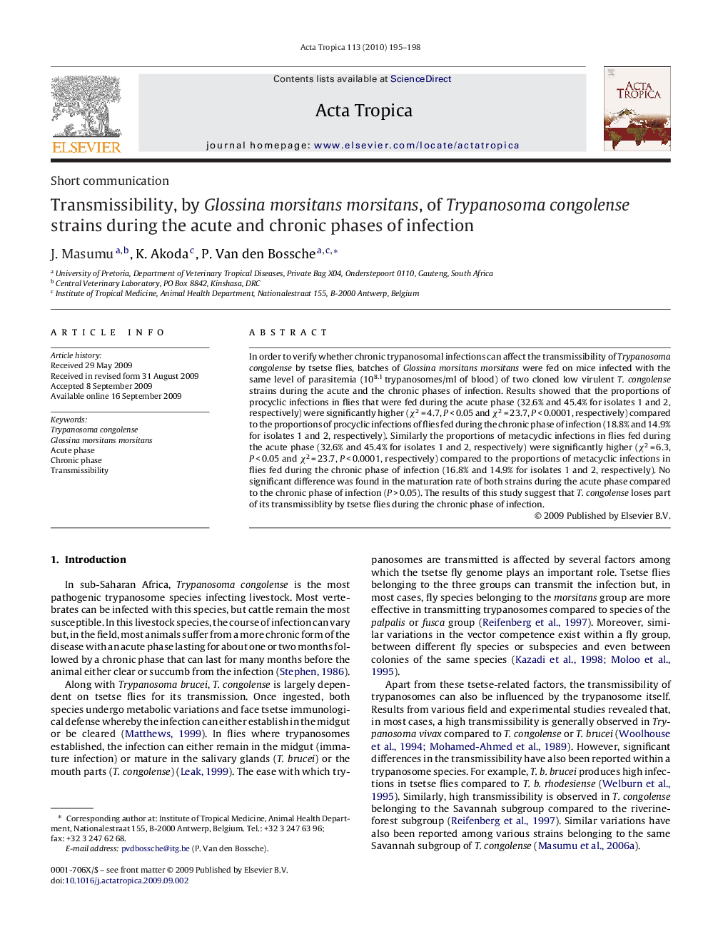 Transmissibility, by Glossina morsitans morsitans, of Trypanosoma congolense strains during the acute and chronic phases of infection