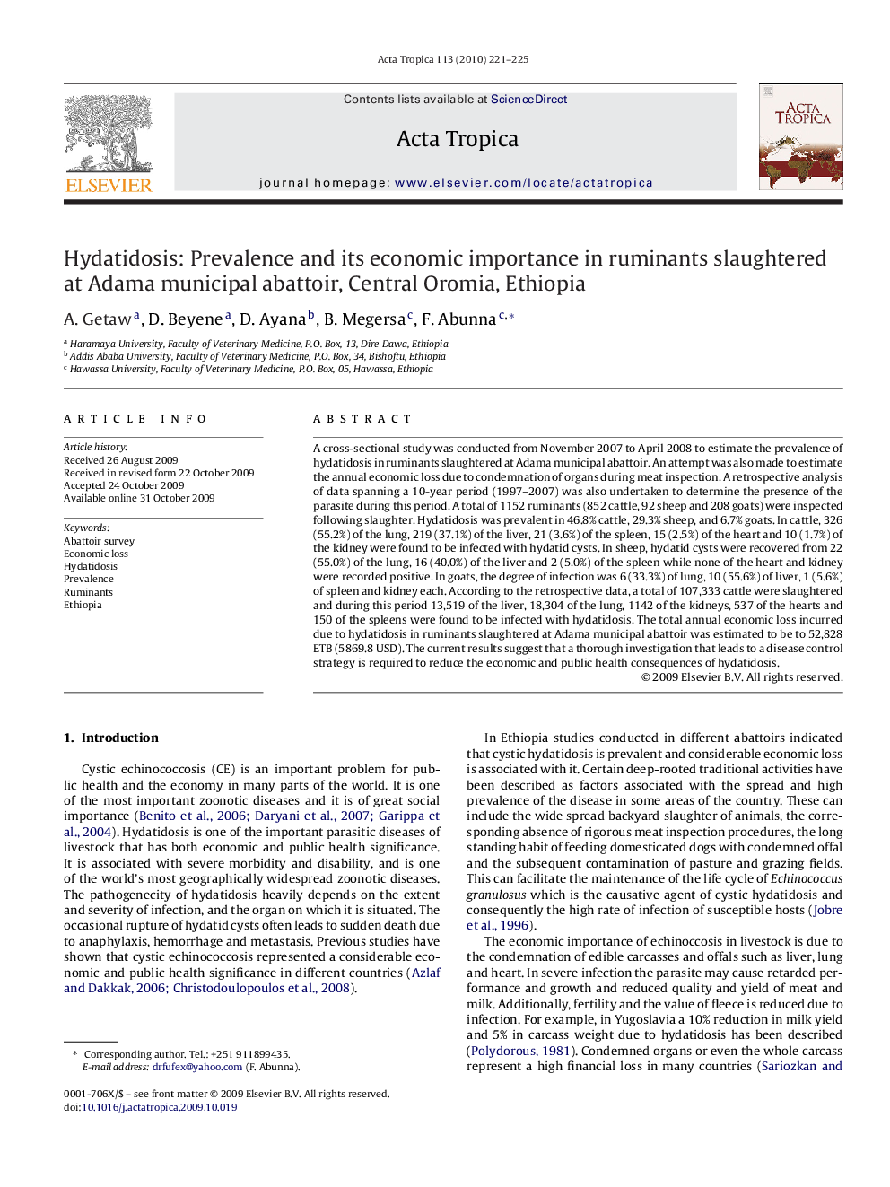 Hydatidosis: Prevalence and its economic importance in ruminants slaughtered at Adama municipal abattoir, Central Oromia, Ethiopia