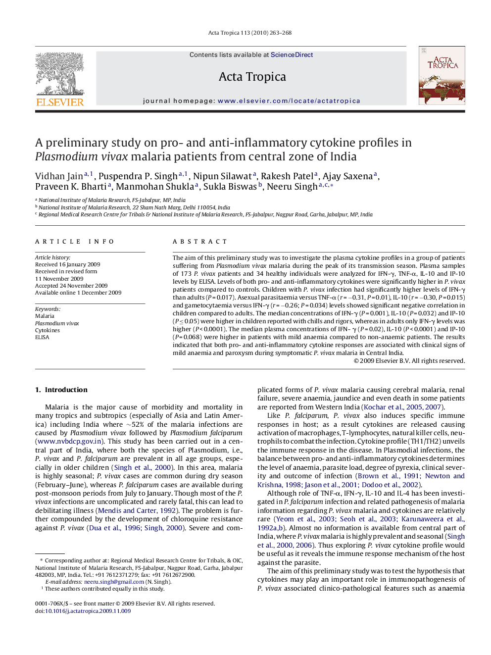 A preliminary study on pro- and anti-inflammatory cytokine profiles in Plasmodium vivax malaria patients from central zone of India